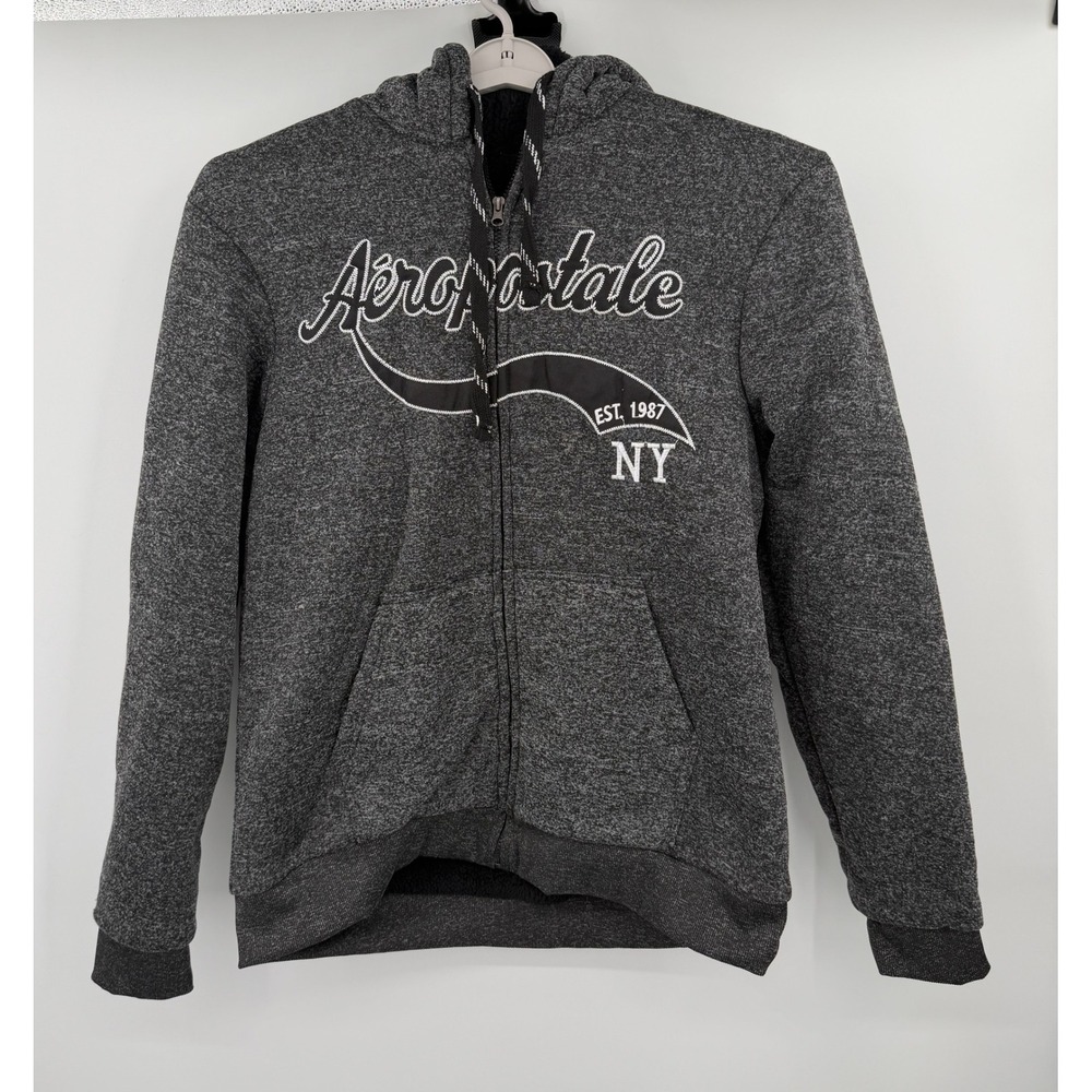 Vintage Aeropostale Men 2XL Gray Sherpa Lined Full Zip Hoodie NY 1987 Sweatshirt